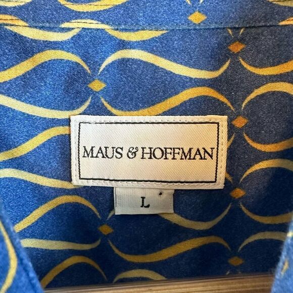 Maus & Hoffman VTG Blue Patterned Button Up Short Sleeve Shirt L Read - Picture 4 of 8